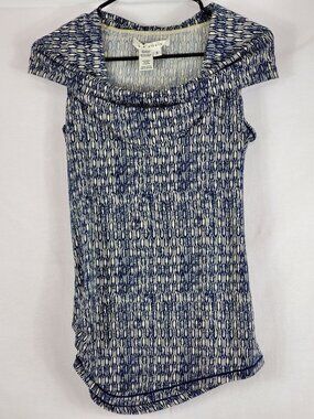 (A1347) Max Studio Blue White Geometric Print Cold Shoulder Blouse Size S